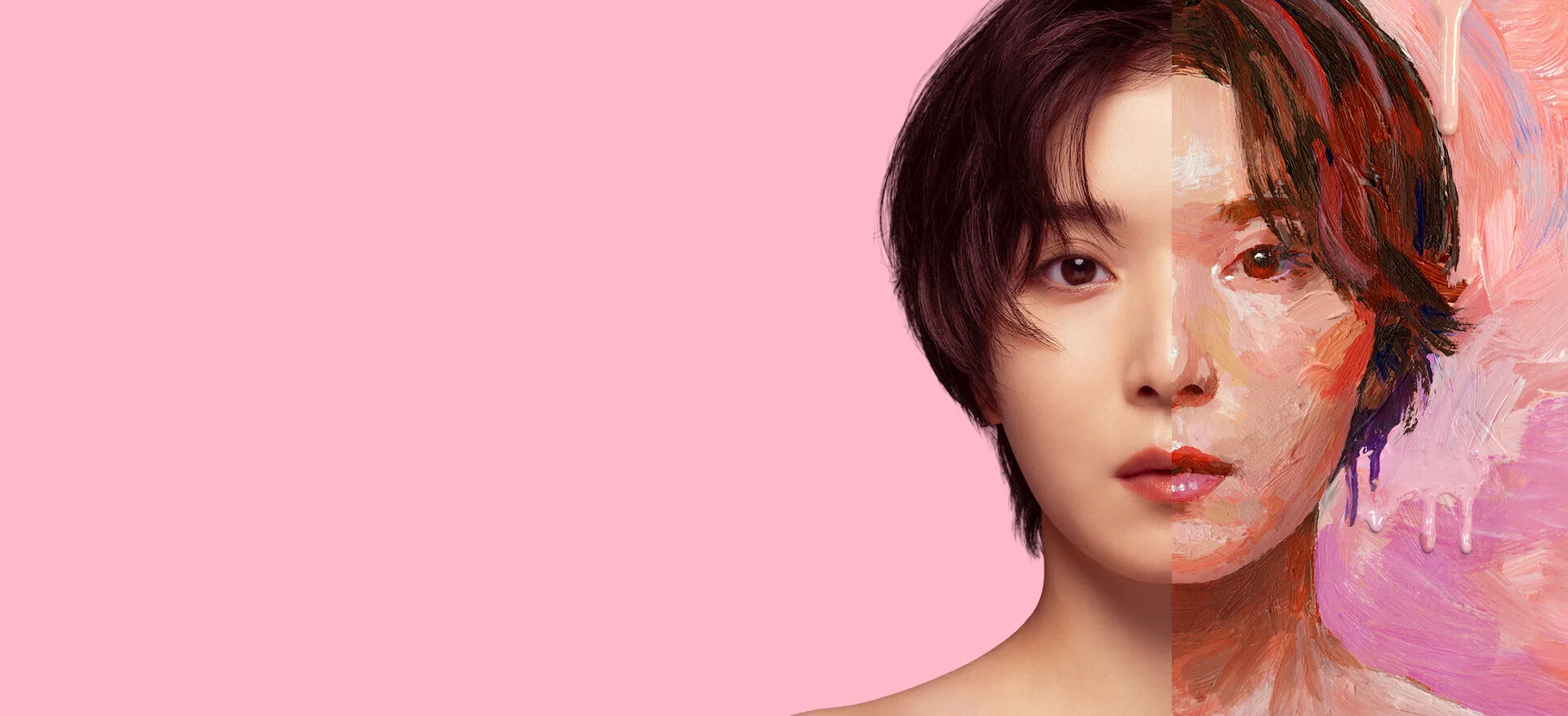 Key art for the Netflix Japanese drama Plastic Beauty showing a face split between real and painted halves