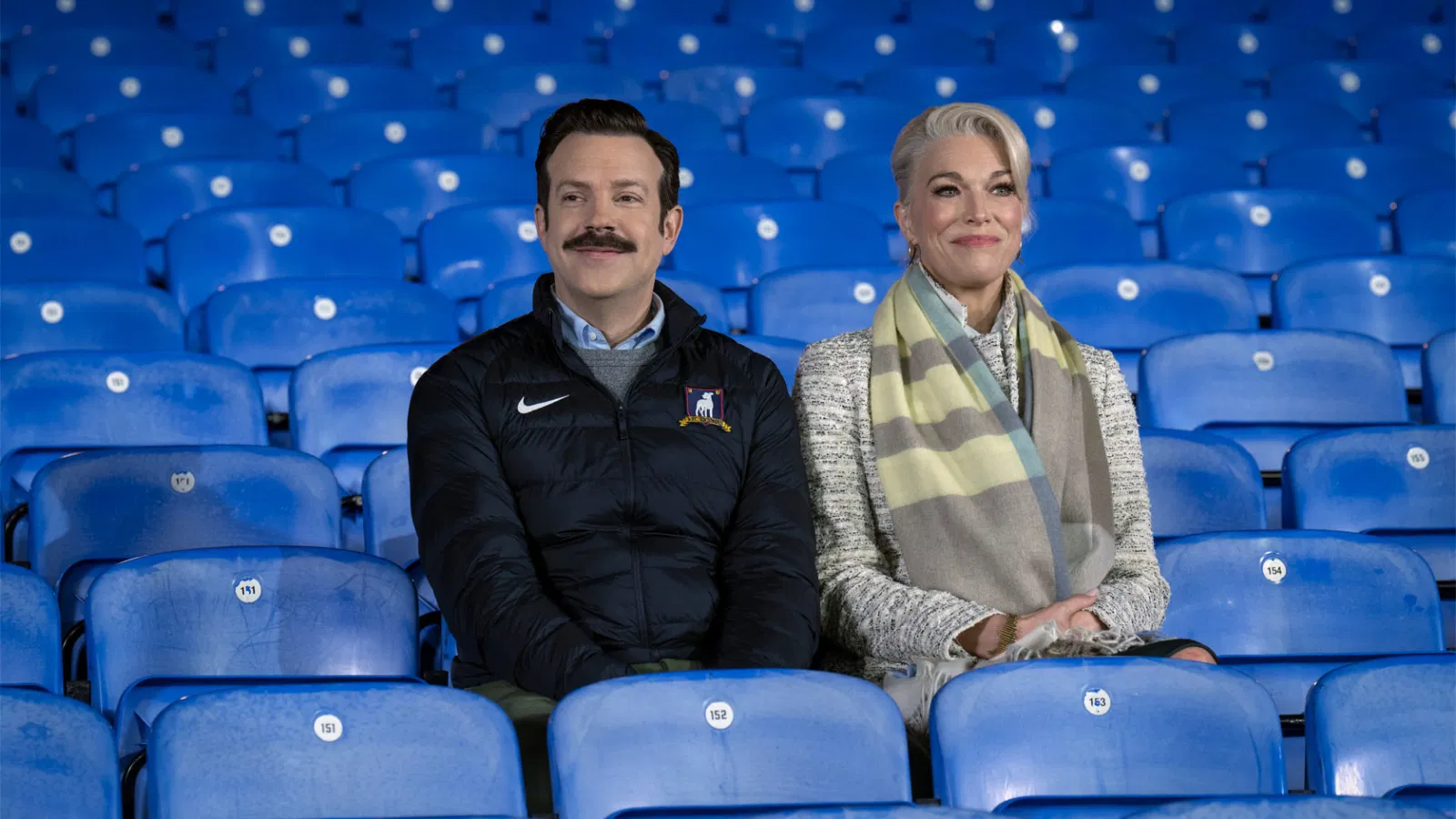 Jason Sudeikis and Hannah Waddingham in Ted Lasso, now streaming on Apple TV